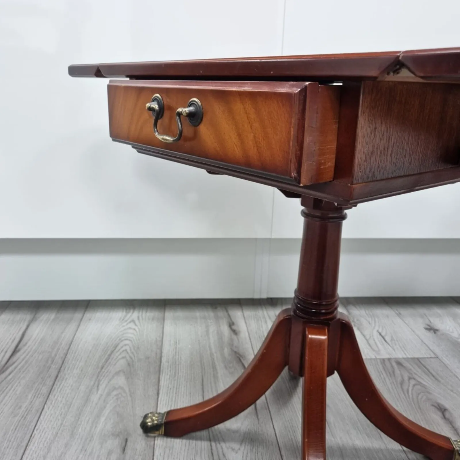 Pair Of Antique Flamed Hardwood Extending Side Tables With Lion Paw Castors And Double Sided Drawers photo furniture