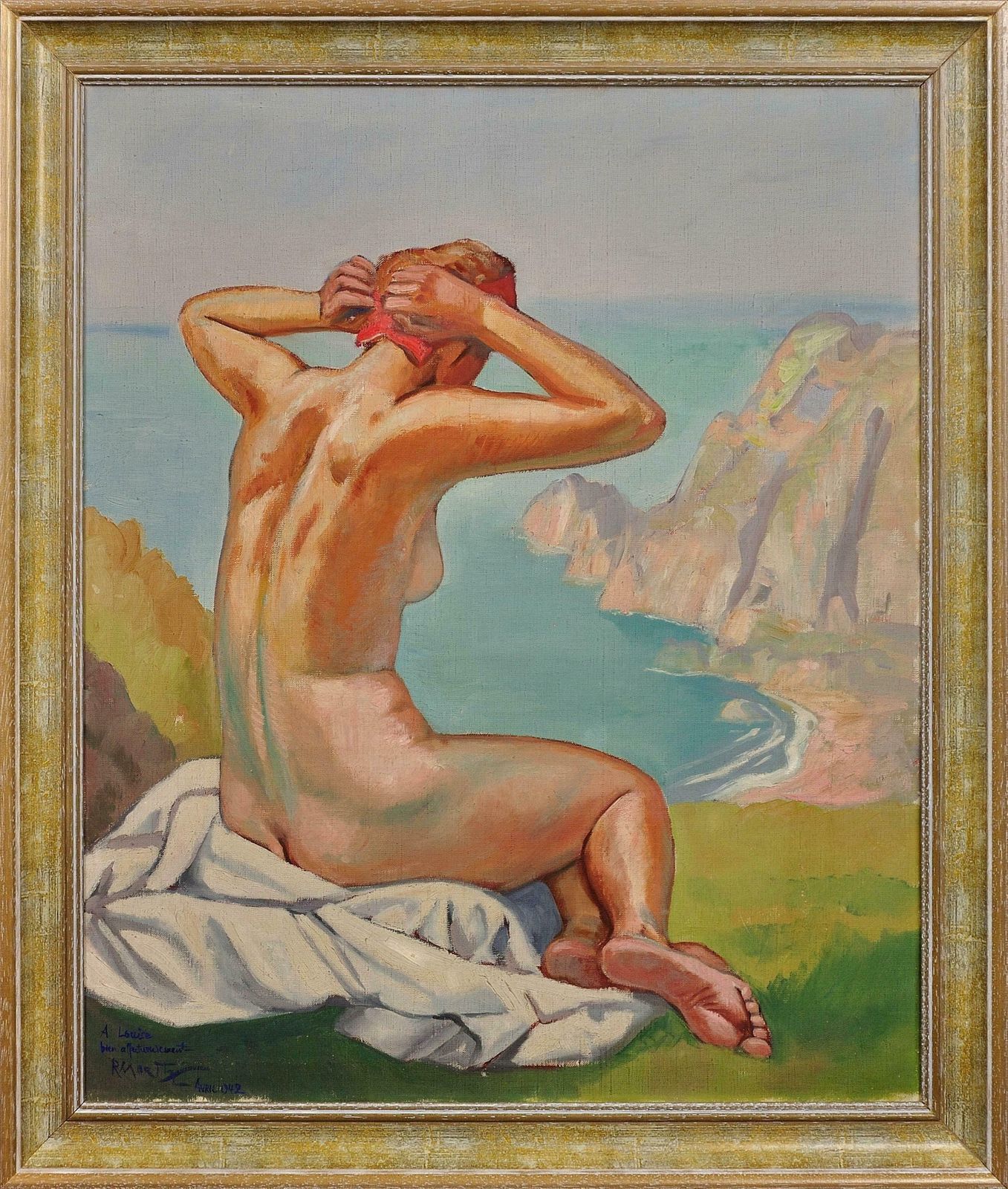 Raymond Moritz 1891 To 1950. A Liberated Lady On The Cliffs, 1927. Framed French 1920s Nude Sunbathing Oil Painting. World War 2 Dedication 1942.