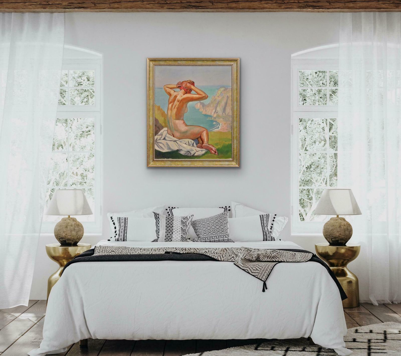 Raymond Moritz 1891 To 1950. A Liberated Lady On The Cliffs, 1927. Framed French 1920s Nude Sunbathing Oil Painting. World War 2 Dedication 1942. photo 7895.0