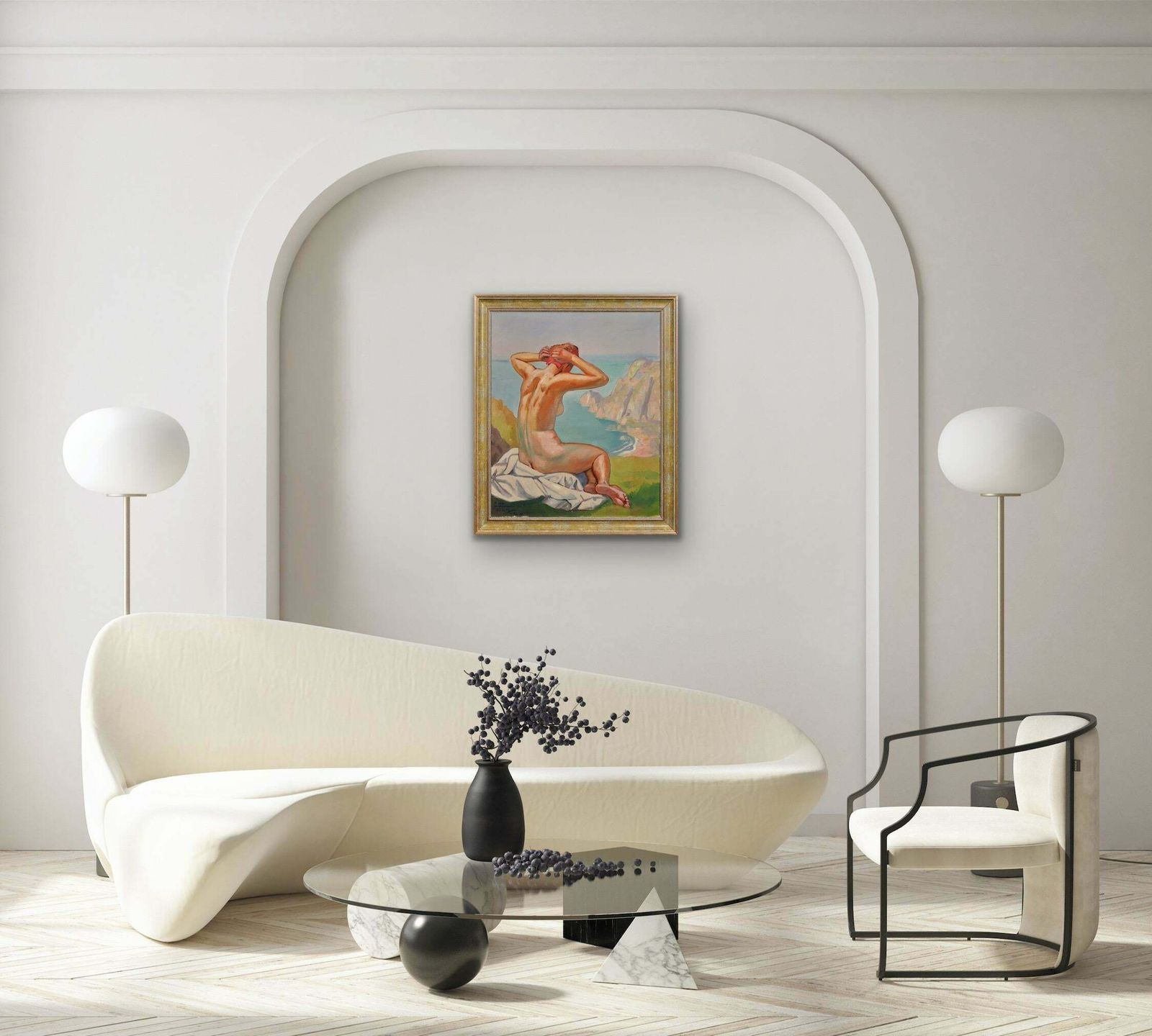 photo for sale Raymond Moritz 1891 To 1950. A Liberated Lady On The Cliffs, 1927. Framed French 1920s Nude Sunbathing Oil Painting. World War 2 Dedication 1942.