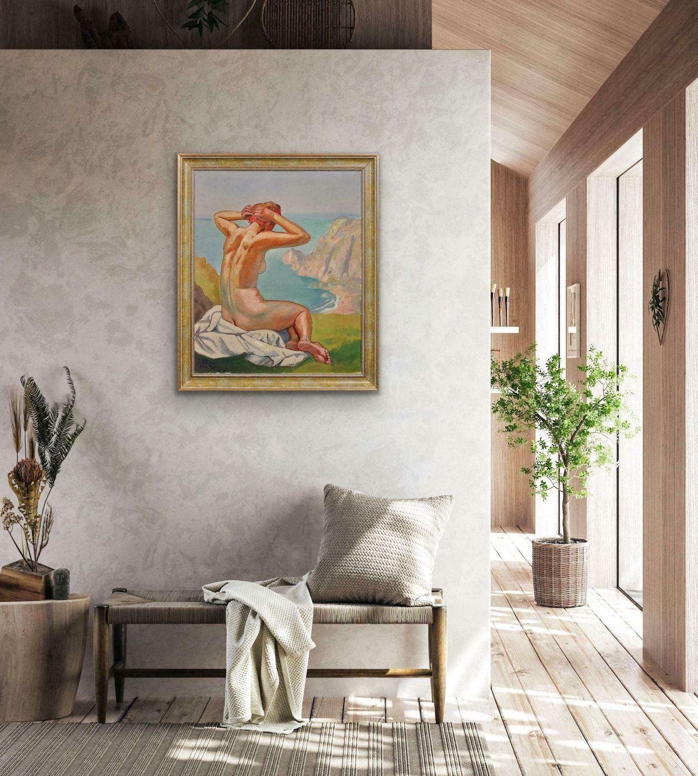 photo vinterior Raymond Moritz 1891 To 1950. A Liberated Lady On The Cliffs, 1927. Framed French 1920s Nude Sunbathing Oil Painting. World War 2 Dedication 1942.