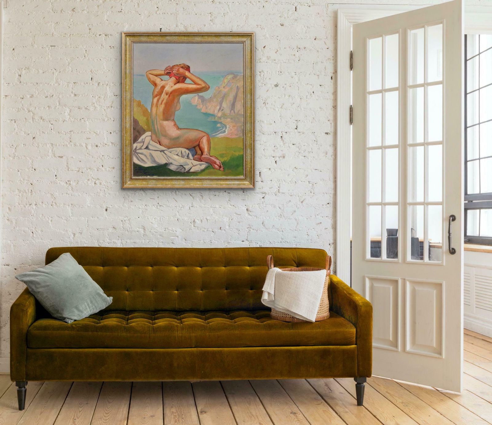 photo vintage Raymond Moritz 1891 To 1950. A Liberated Lady On The Cliffs, 1927. Framed French 1920s Nude Sunbathing Oil Painting. World War 2 Dedication 1942.