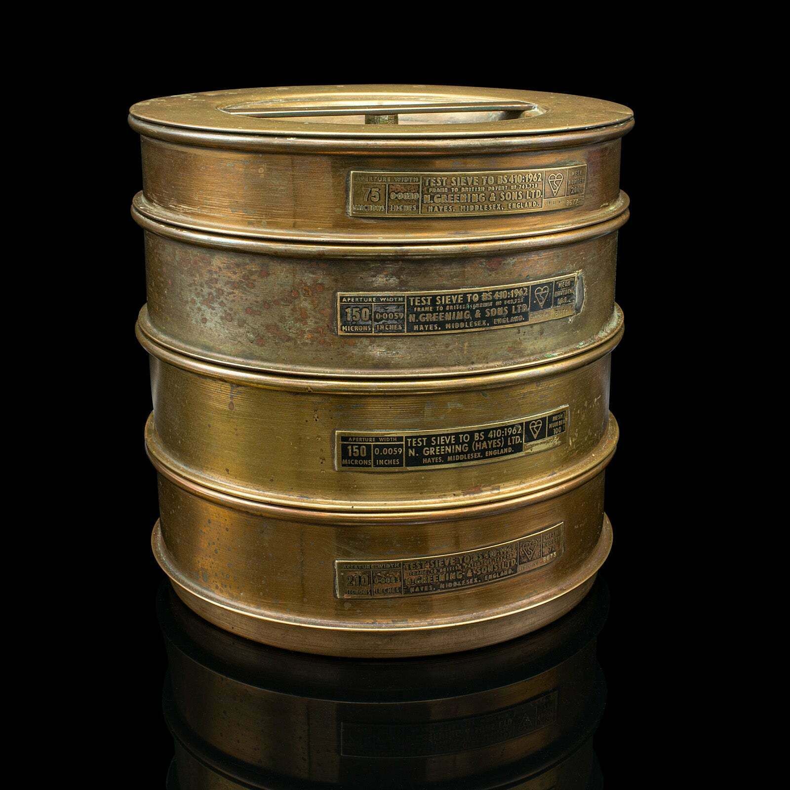 Large Set Of 8 Vintage Lab Sieves, English, Brass, Stacking, Scientific, C.1965 photo for sale