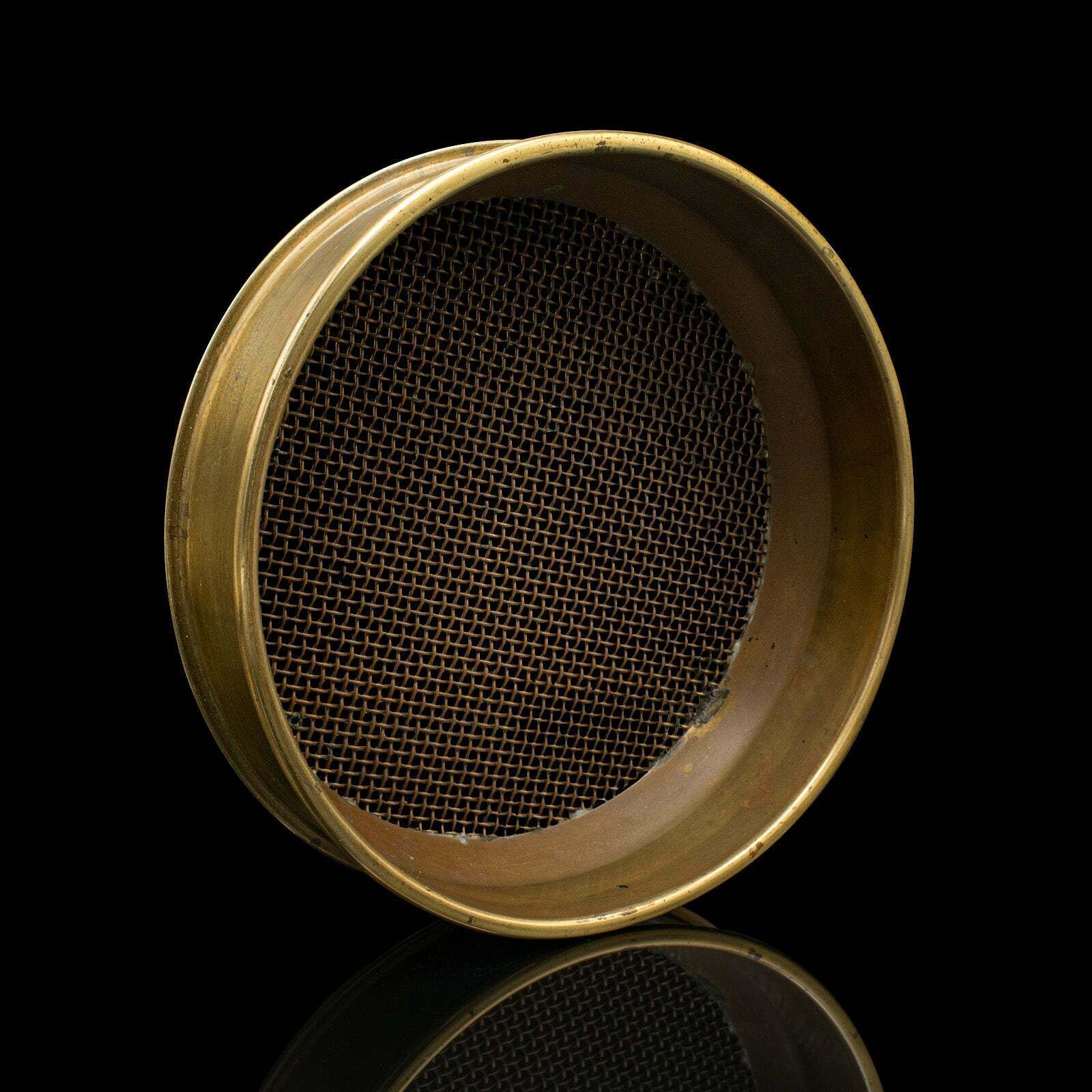 photo furniture Large Set Of 8 Vintage Lab Sieves, English, Brass, Stacking, Scientific, C.1965