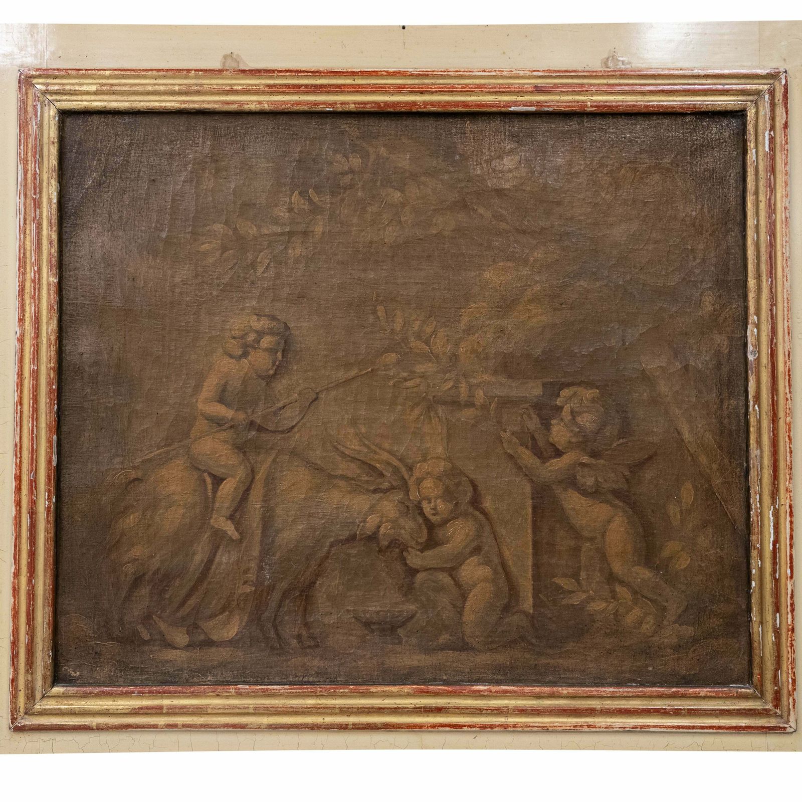 photo for sale Large Louis XVI Trumeau Mirror With Oil Painting And Gilt Gesso Details