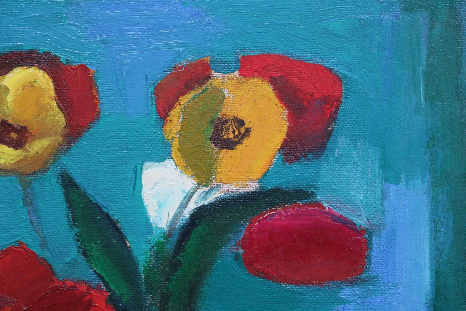 Aleksandr Rodin Tulips On A Turquoise Background. Oil On Cardboard photo for sale