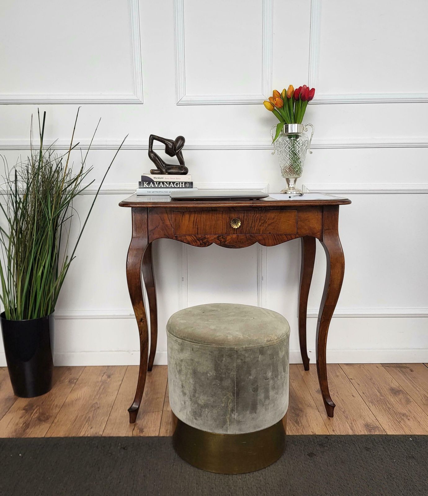 Antique Italian Walnut Desk Side Table With Cabriole Carved Legs photo for sale