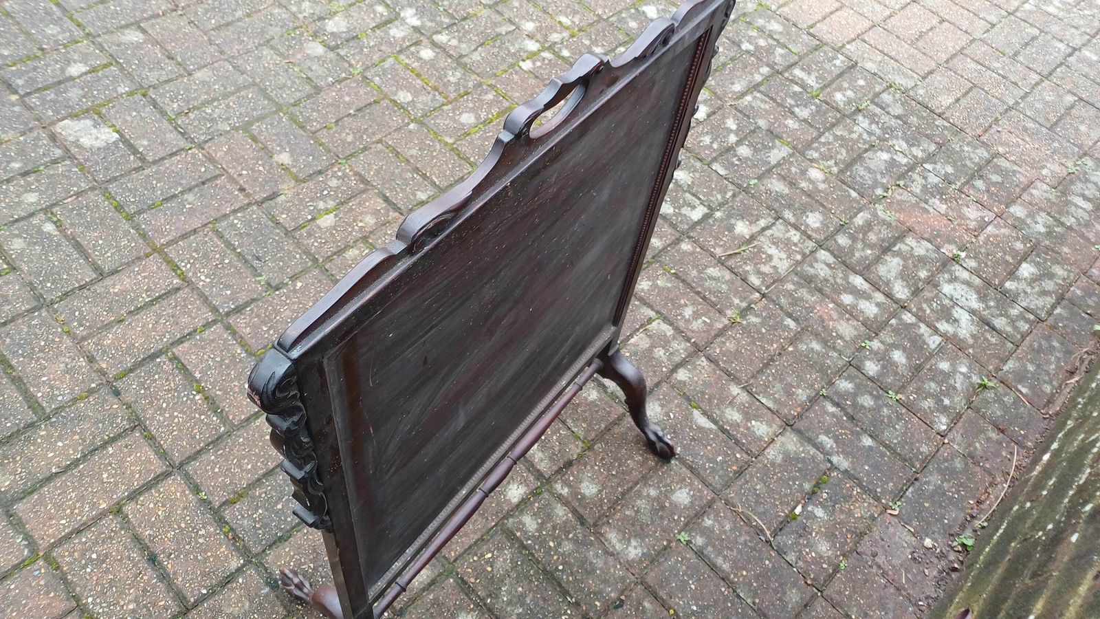 photo for sale Superb Vintage Mahogany Victorian Tapestry Glazed Fire Screen Ball And Claw Feet