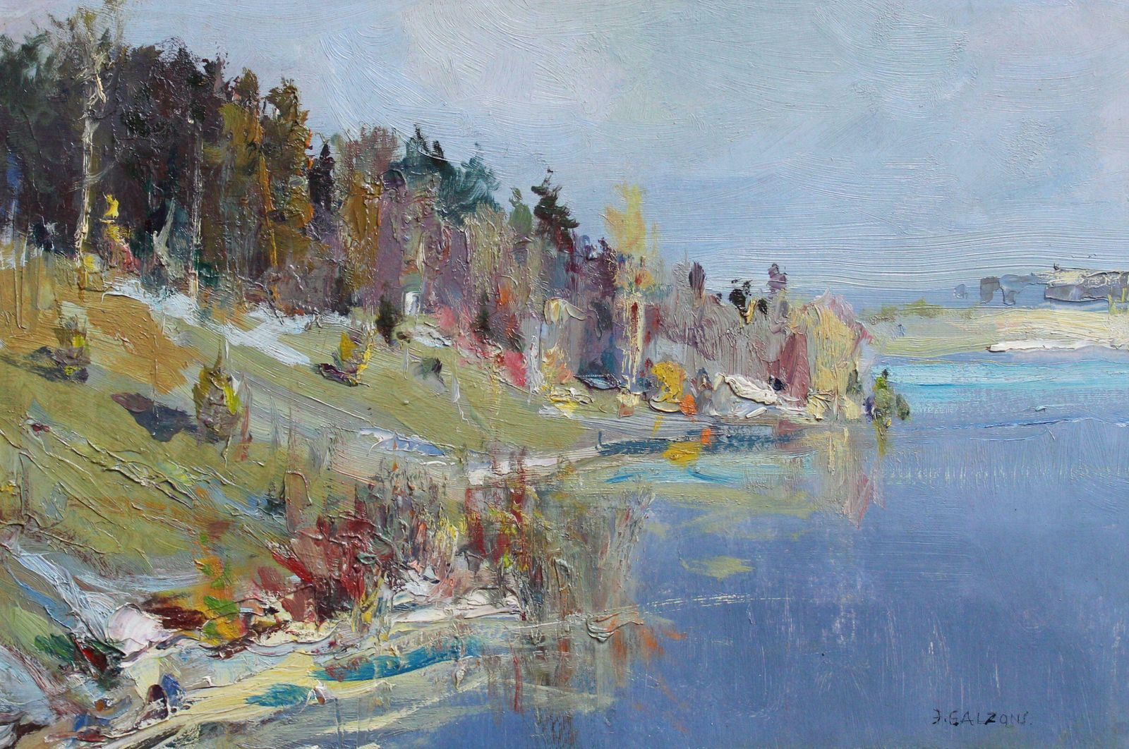 Janis Galzons The River In The Summer. Cardboard, Oil