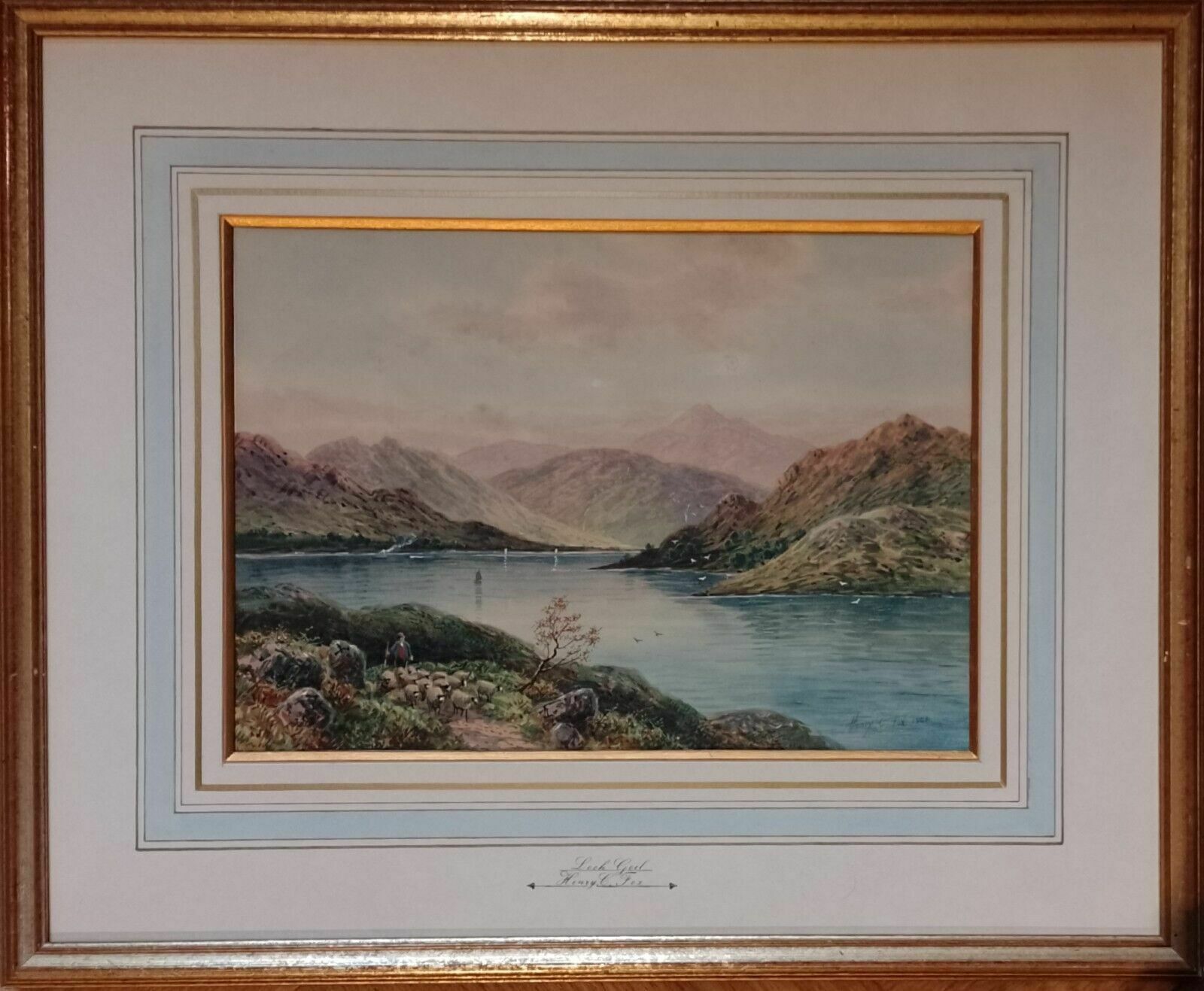 Antique Watercolour Painting Loch Goyle Scotland Signed Henry Charles Fox 1904 photo vintage