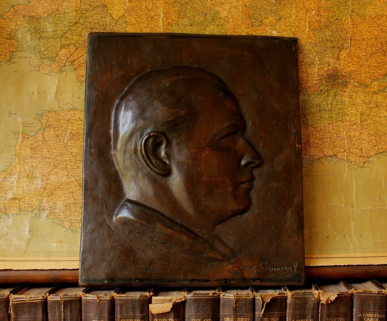 photo for sale Bronze Plaque Male Portrait Signed Eugene Canneel. Mans Head Art C1920.
