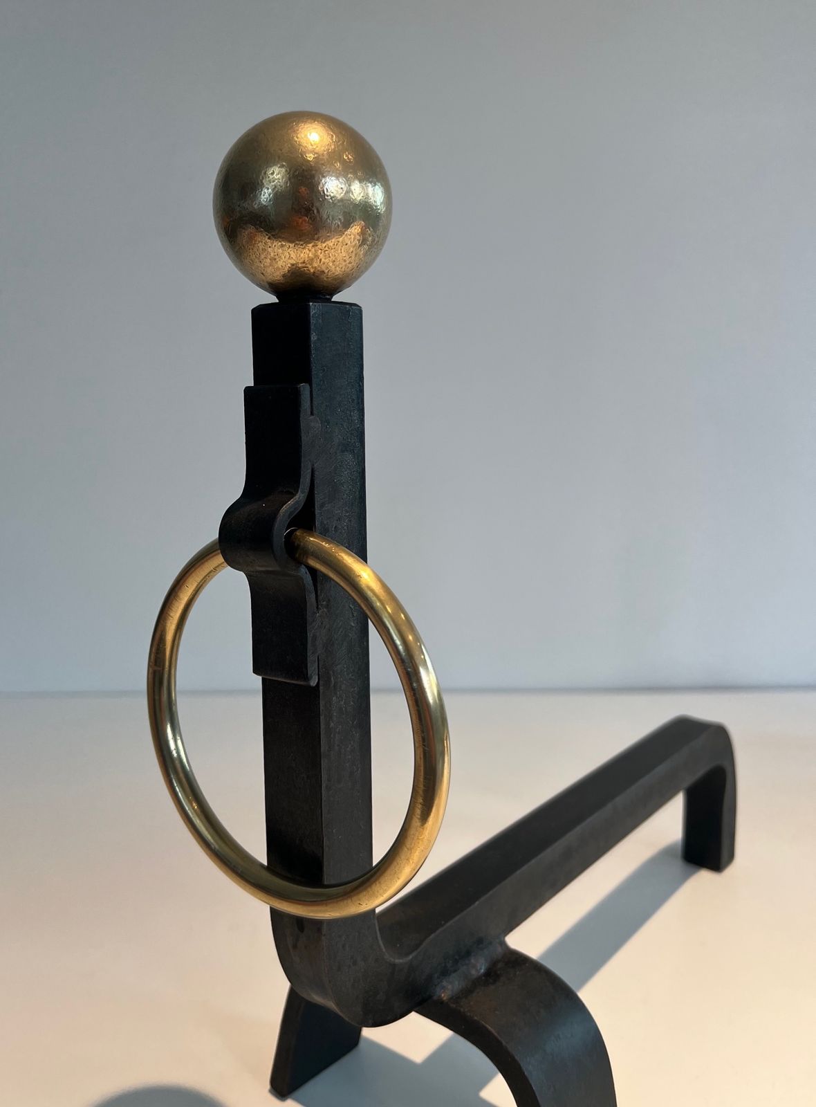 Pair Of Wrought Iron And Brass Andirons In The Taste Of Jacques Adnet photo vintage