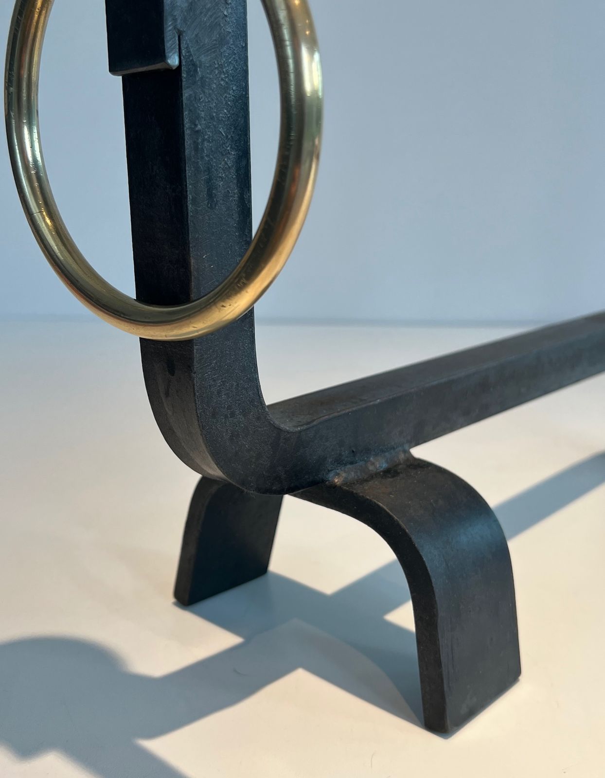 Home Fixtures Pair Of Wrought Iron And Brass Andirons In The Taste Of Jacques Adnet photo