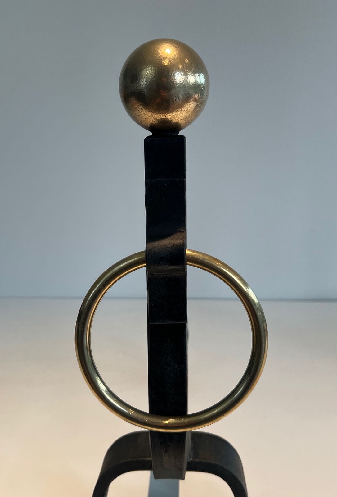 photo vinterior Pair Of Wrought Iron And Brass Andirons In The Taste Of Jacques Adnet