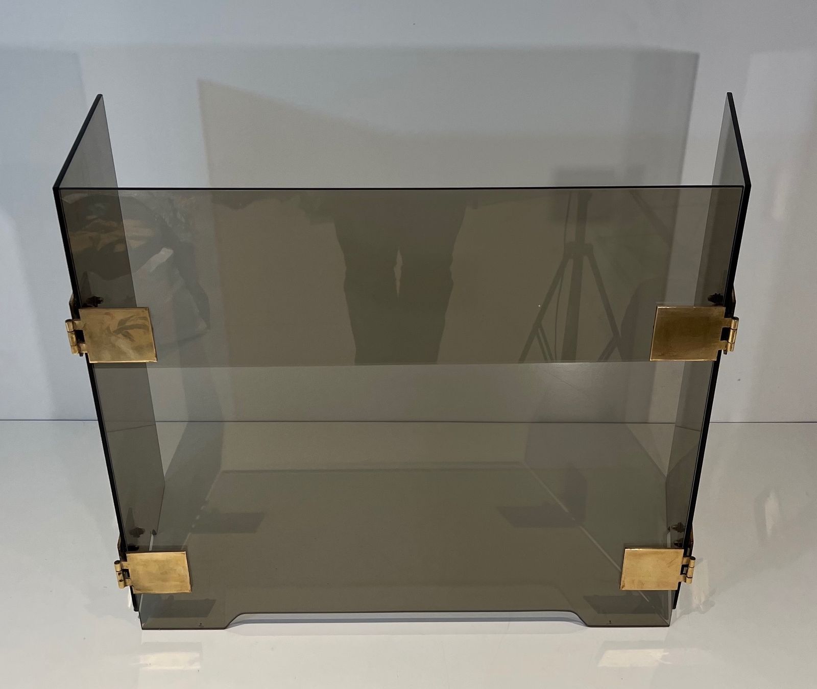 Tri Fold Firewall In Smoked Glass And Brass. Around 1970 photo vinterior