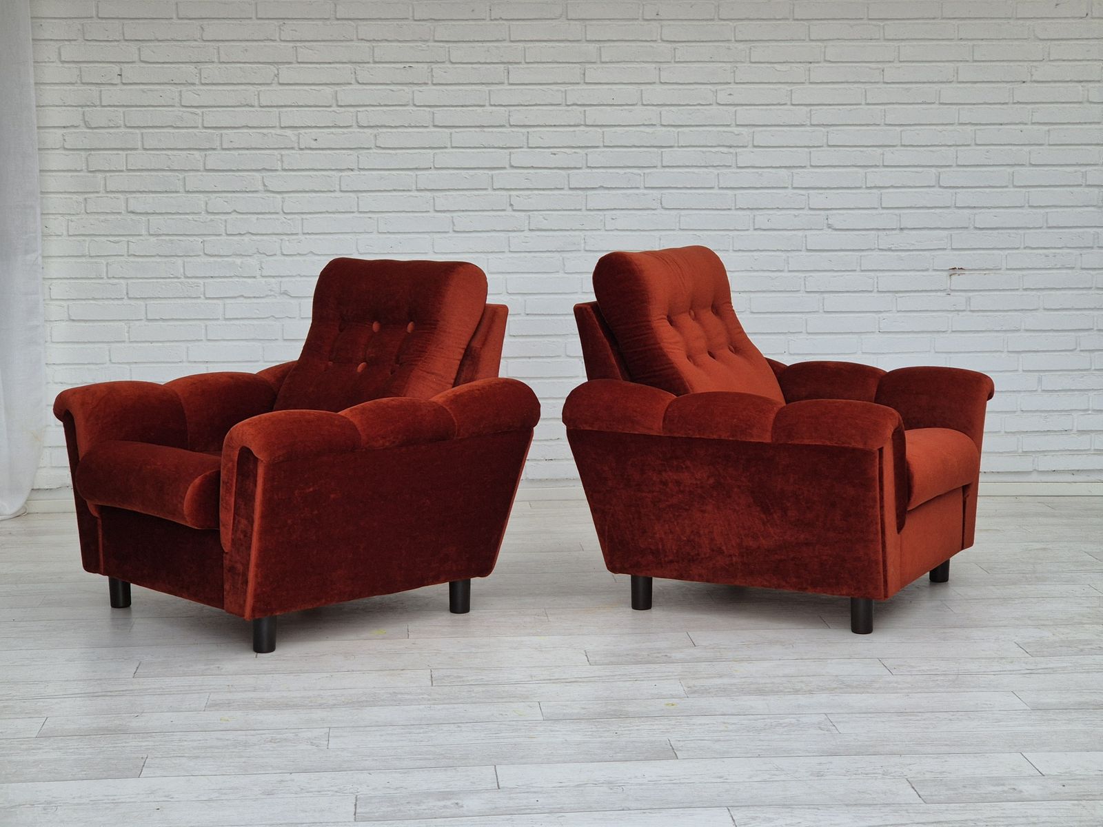 1980s, Danish Set Of 2 Relax Armchairs In Original Very Good Condition, Brown/Red Furniture Velour. photo furniture