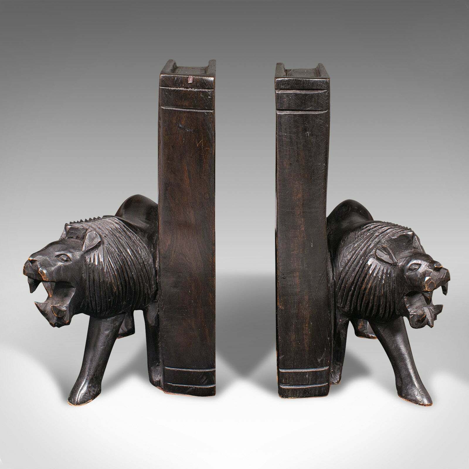 Pair Of Antique Carved Lion Bookends, Oriental, Ebonised, Book Rest, Victorian photo furniture