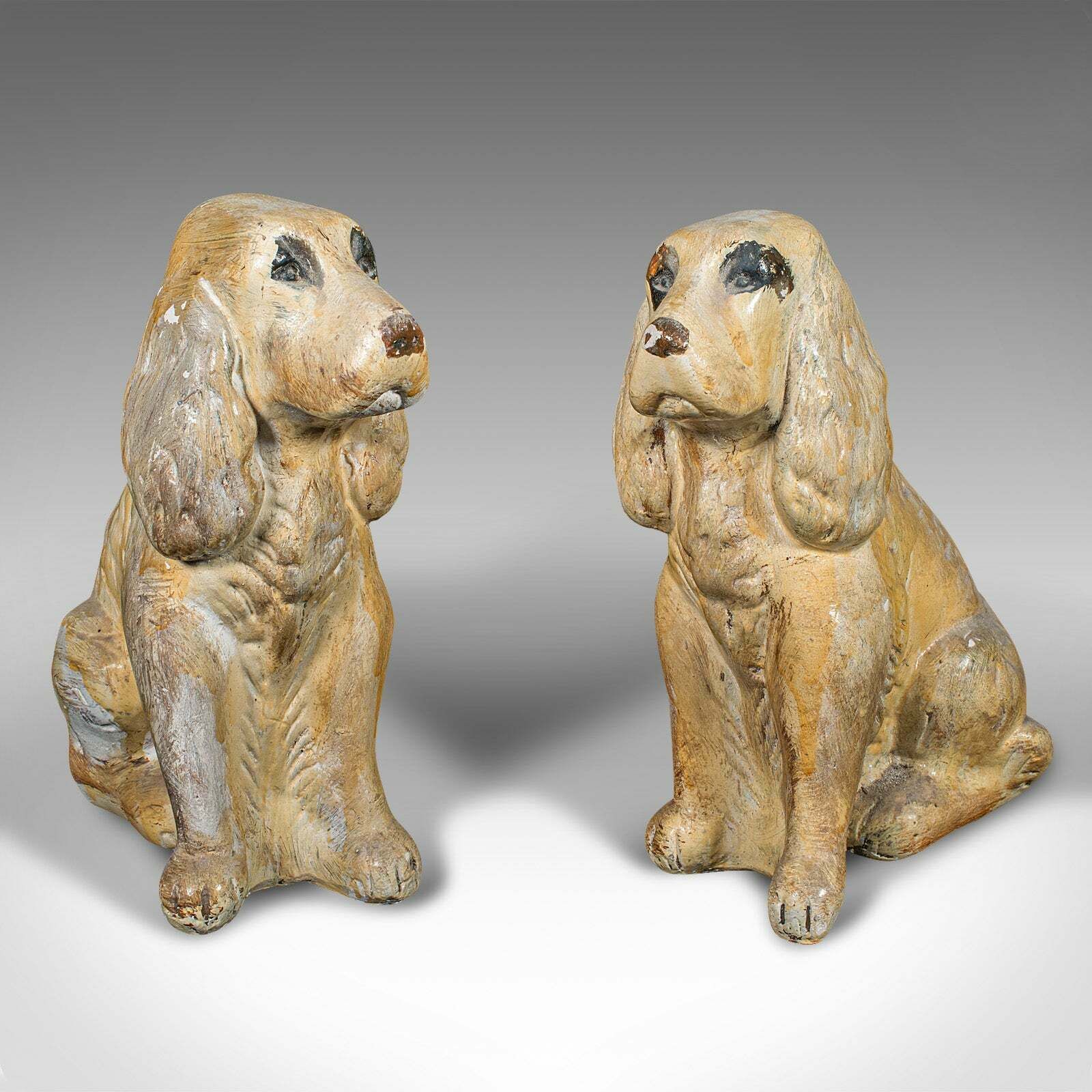 Pair Of Antique Cocker Spaniel Figures, English, Plaster, Doorstops, Edwardian photo Art