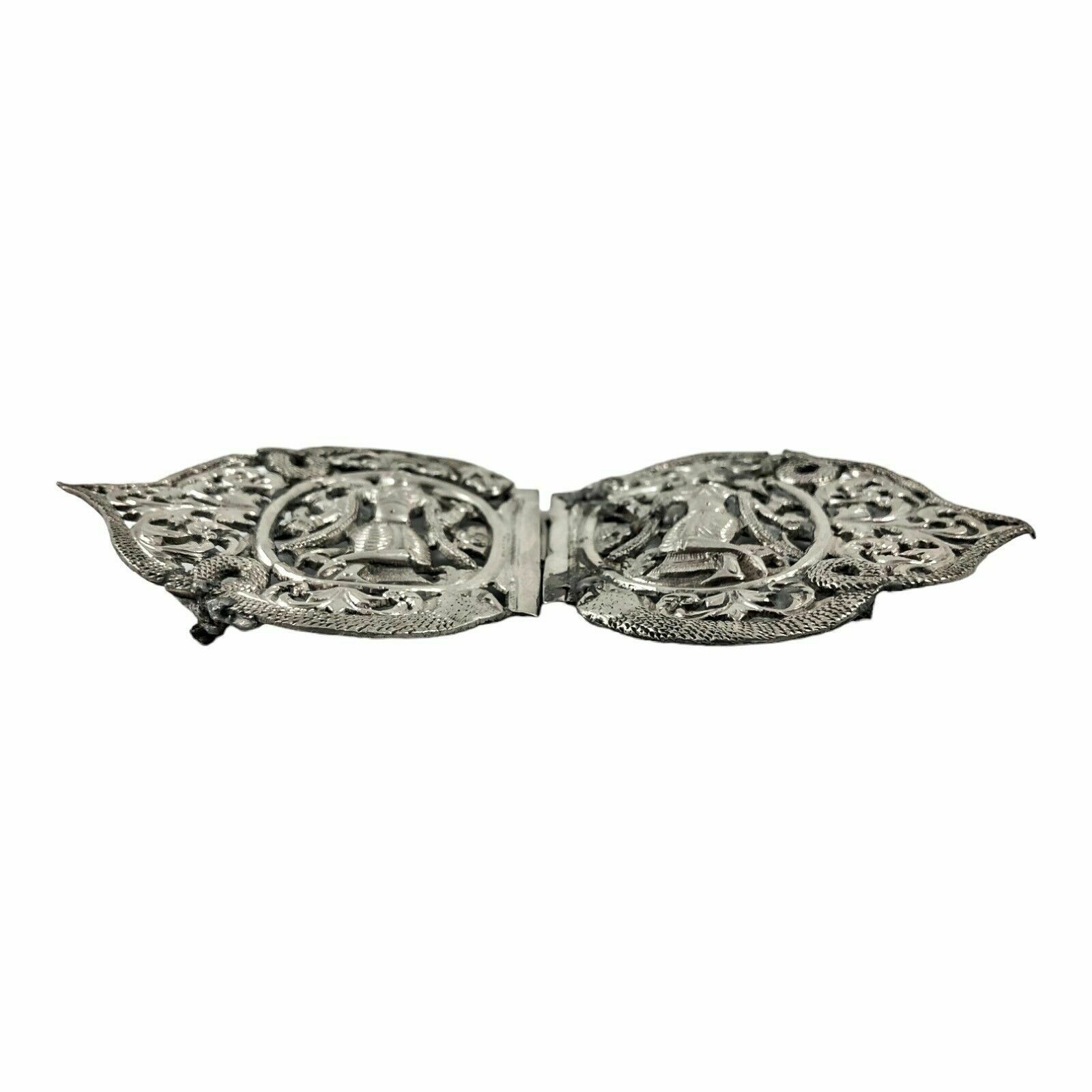 Antique Indian / Burmese Colonial Silver Belt Buckle   Deities, Snakes, Foliage photo Home Decor