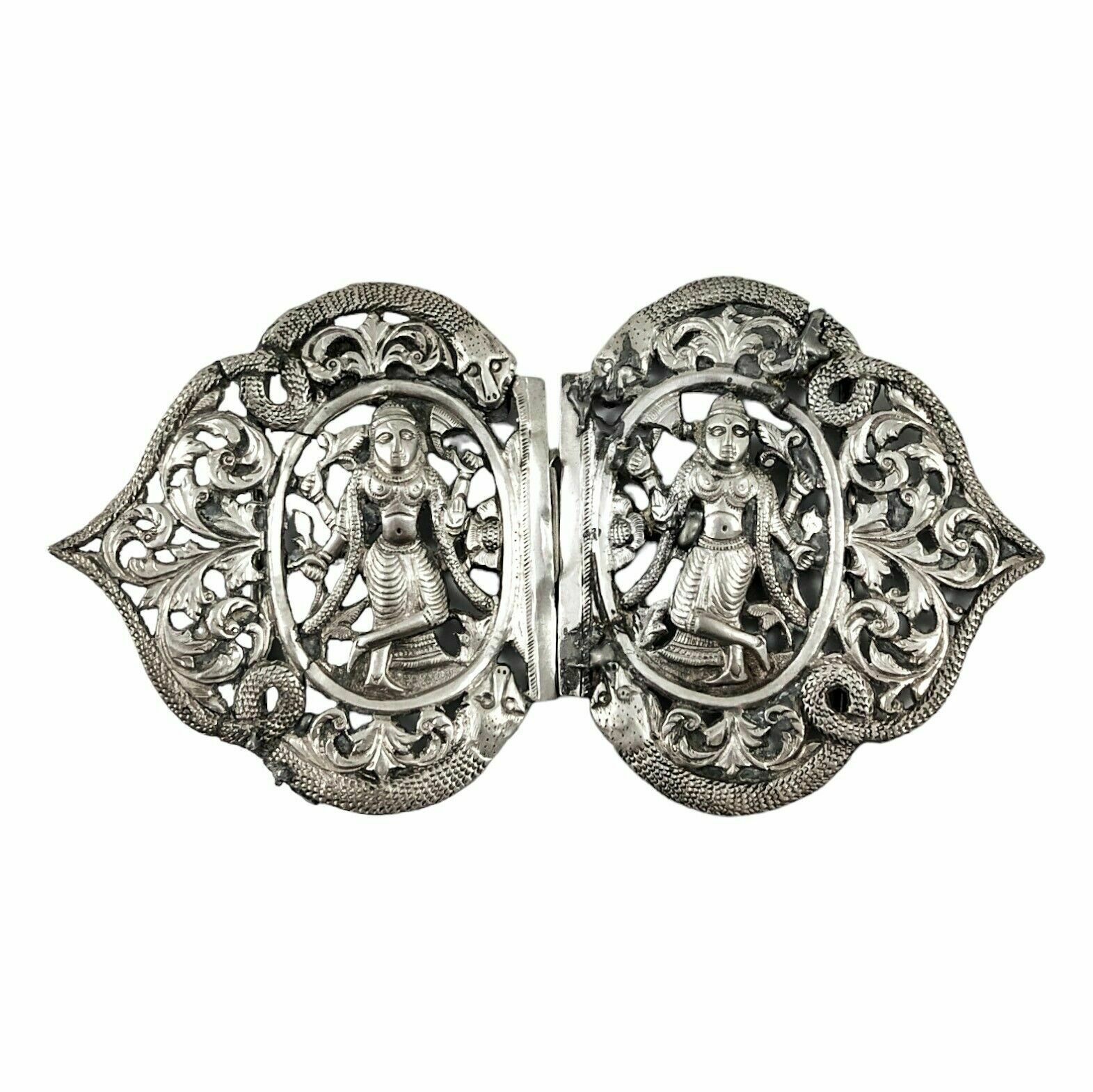 Antique Indian / Burmese Colonial Silver Belt Buckle   Deities, Snakes, Foliage photo 195.0