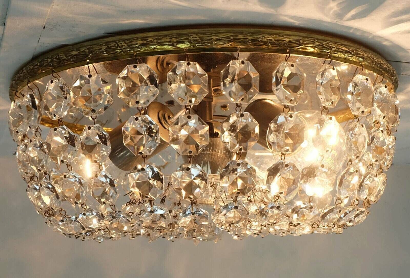 Crystal Glass Palwa Plafoniere Brass Metal 60s Hollywood Regency Style photo vinterior