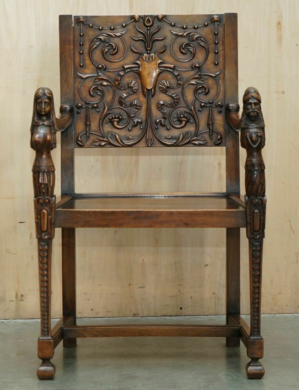 Pair Of Ornately Carved Neo Gothic Solid Walnut 19th Century Ceremony Armchairs photo for sale