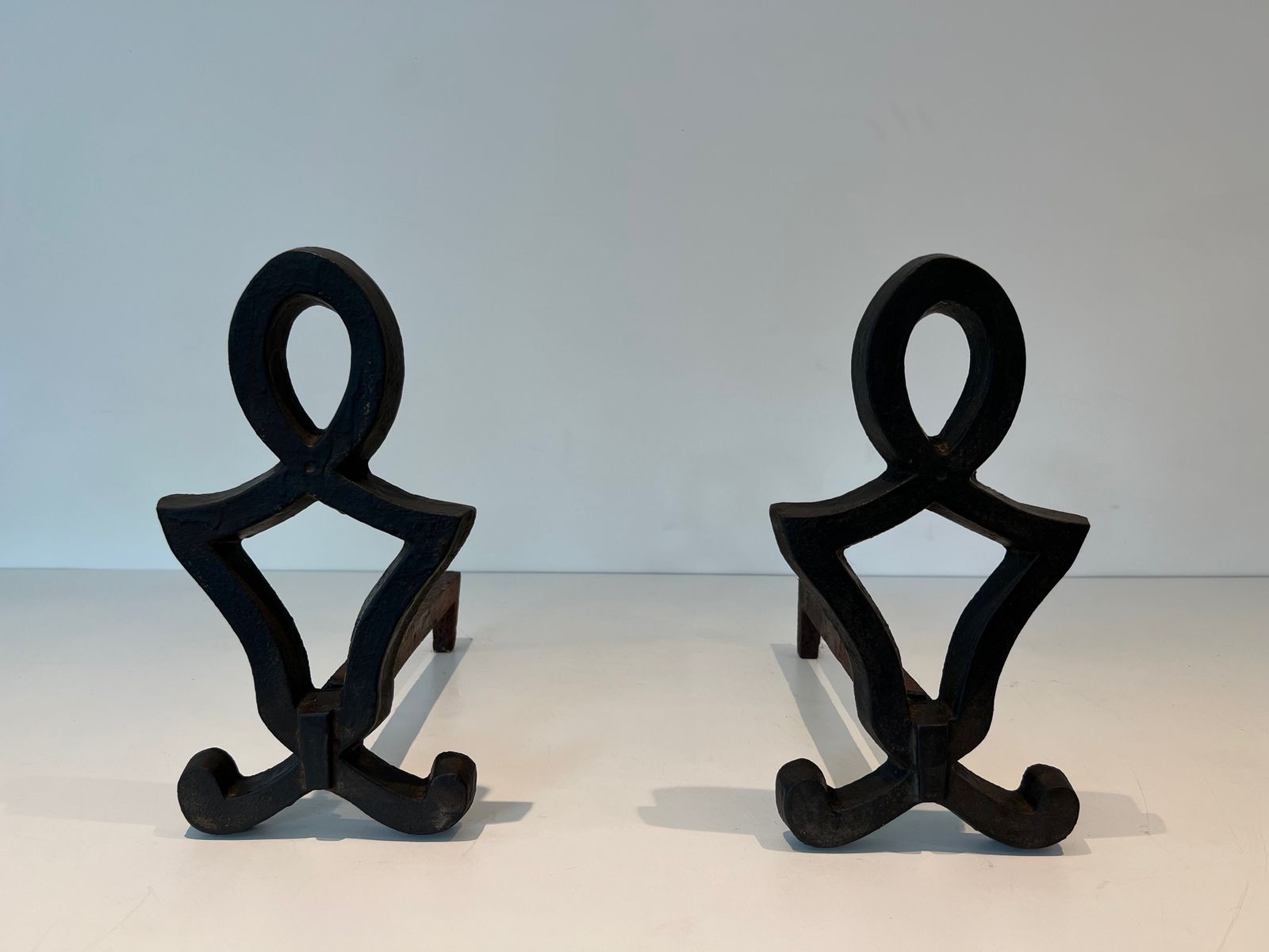 Pair Of Modernized Cast Iron And Wrought Iron Andirons By Raymond Subes photo furniture