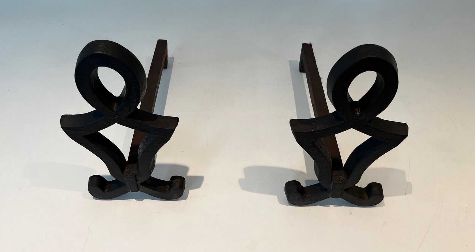 Pair Of Modernized Cast Iron And Wrought Iron Andirons By Raymond Subes photo for sale
