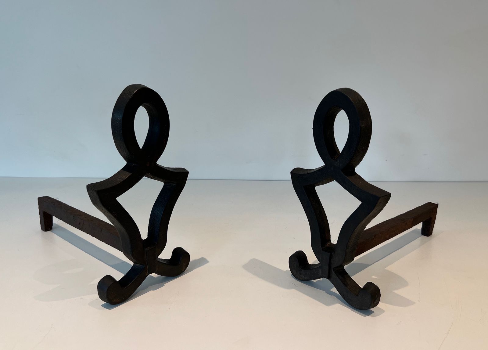 Pair Of Modernized Cast Iron And Wrought Iron Andirons By Raymond Subes photo Home Fixtures