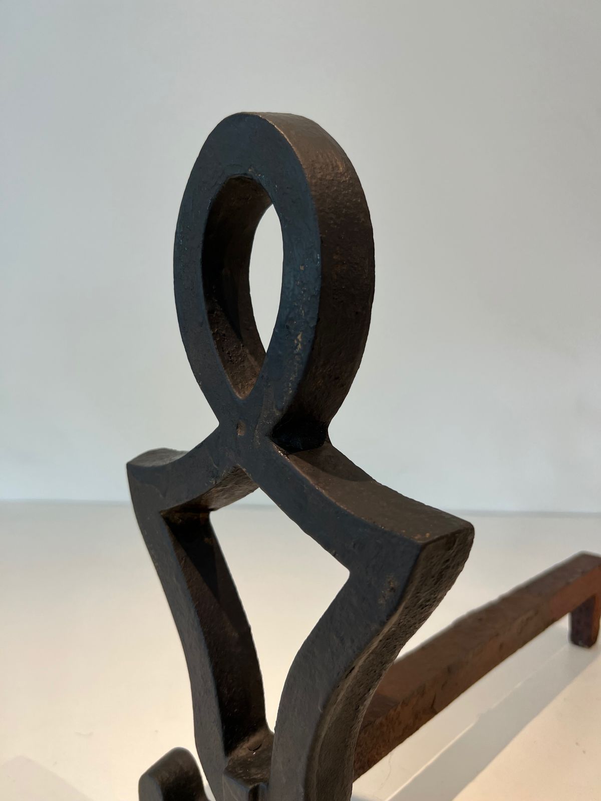 photo for sale Pair Of Modernized Cast Iron And Wrought Iron Andirons By Raymond Subes