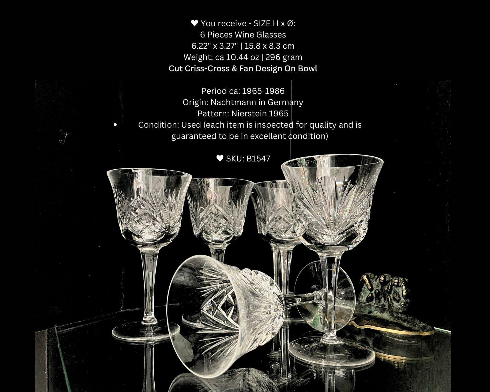Nachtmann Nierstein Wine Glasses | 6pcs | Cut Criss Cross & Fan Design | 1965 1980 photo for sale