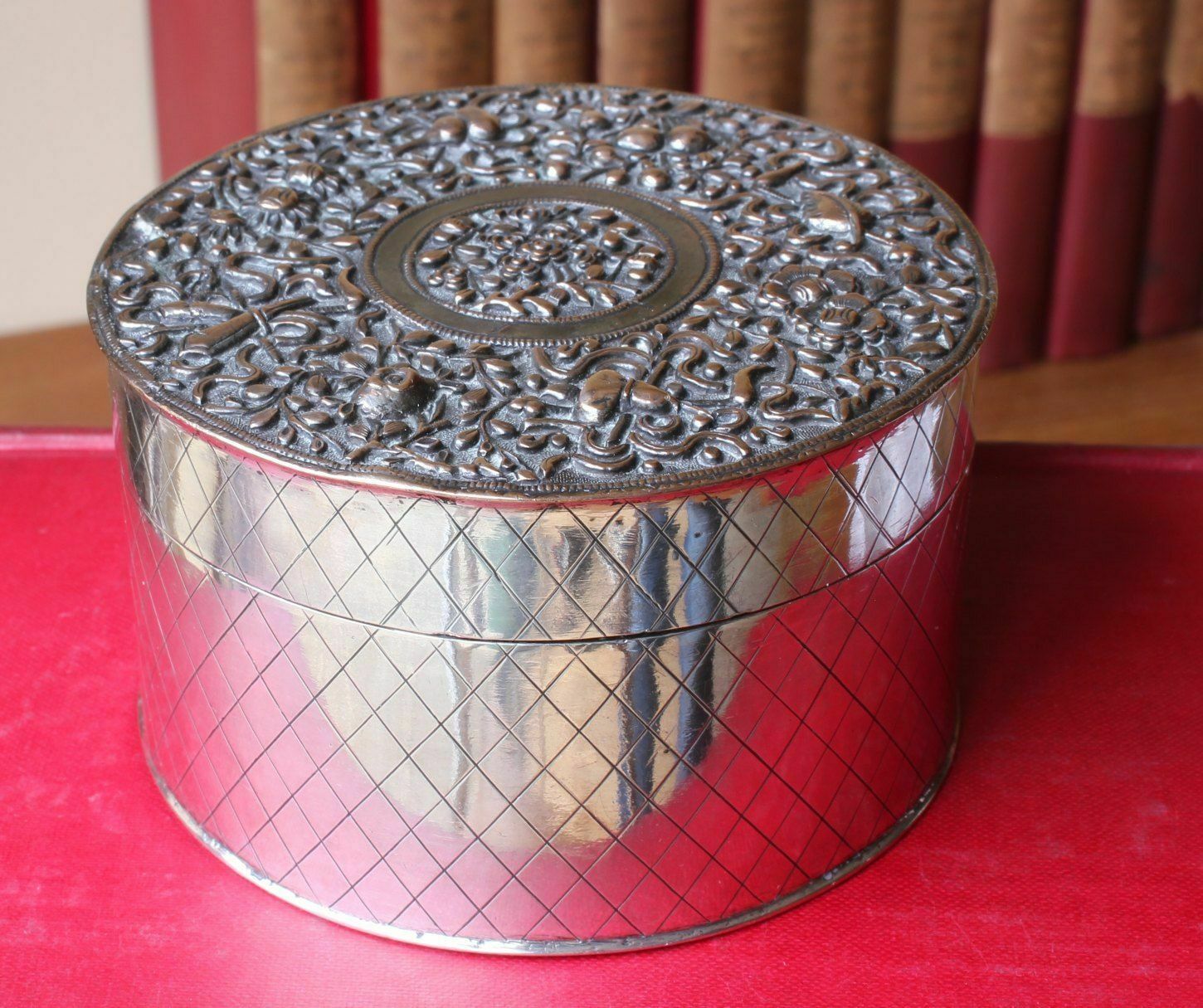 Antique 19th Century Chinese Silver Copper Round Trinket Box Flower Poppy Design.