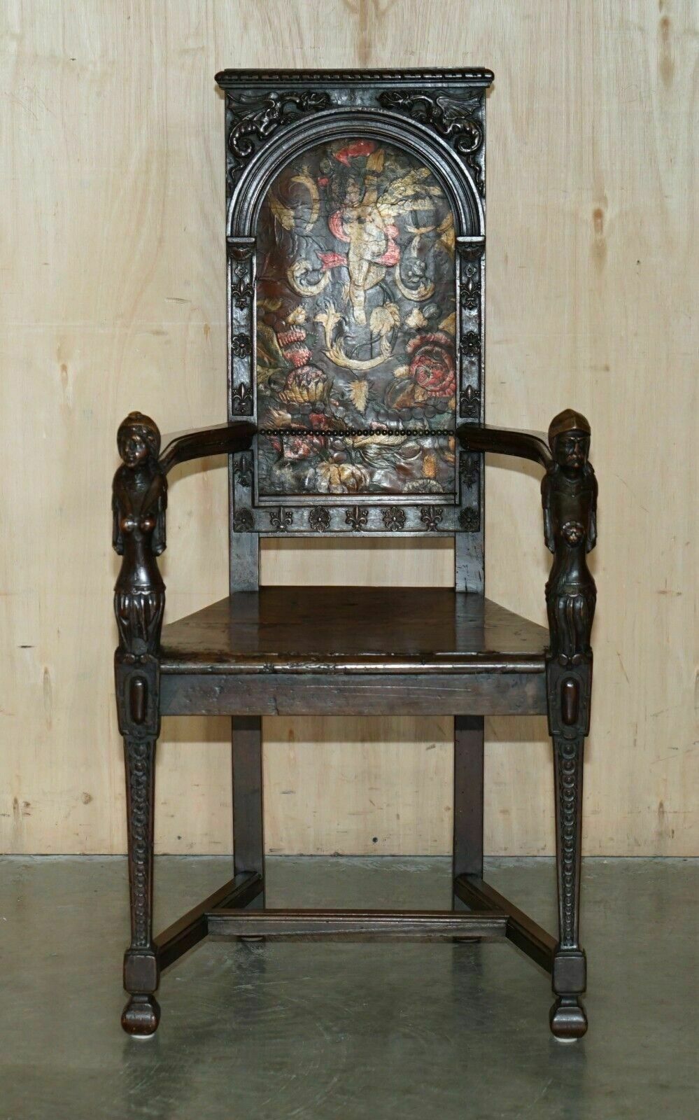 Pair Of Antique 1640 Caquetoire Carved Walnut Polychrome Painted Armchairs photo for sale