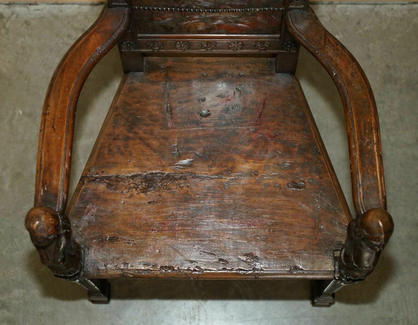Pair Of Antique 1640 Caquetoire Carved Walnut Polychrome Painted Armchairs photo vintage
