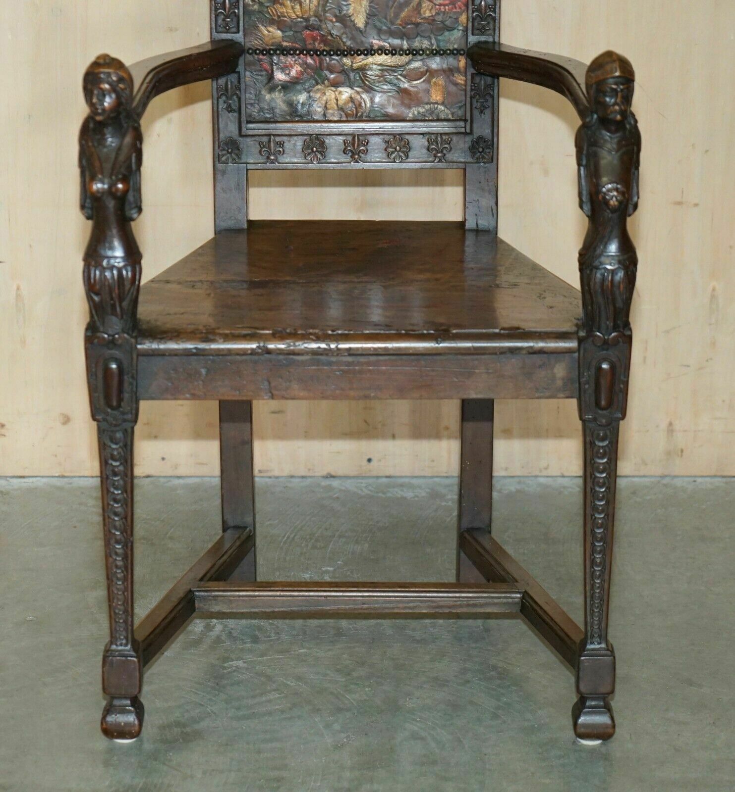 photo for sale Pair Of Antique 1640 Caquetoire Carved Walnut Polychrome Painted Armchairs