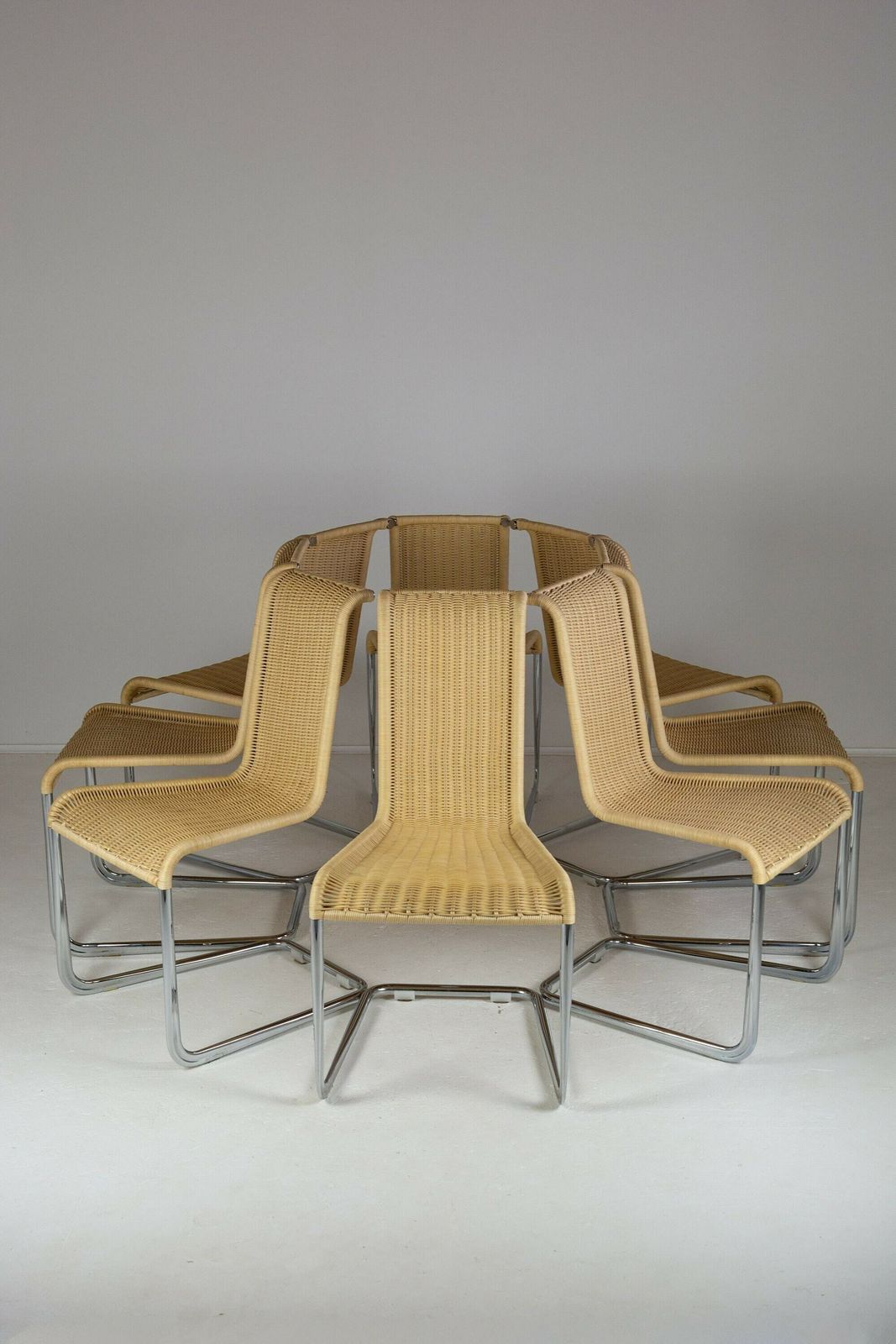 Set Of Eight B20 Cane And Chrome Cantilever Dining Chairs By Axel Bruchhäuser For Tecta