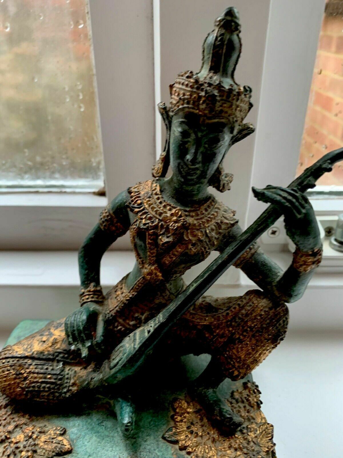 Antique Thai Prince Musician Gilded Bronze Statue Mandolin Music Player photo Art