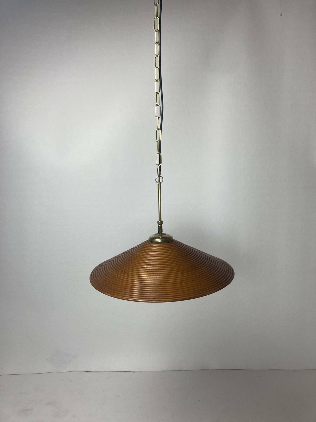 Pencil Split Reed, Rattan, Bamboo & Brass Hanging Pendant Lamp, 1970s photo vintage