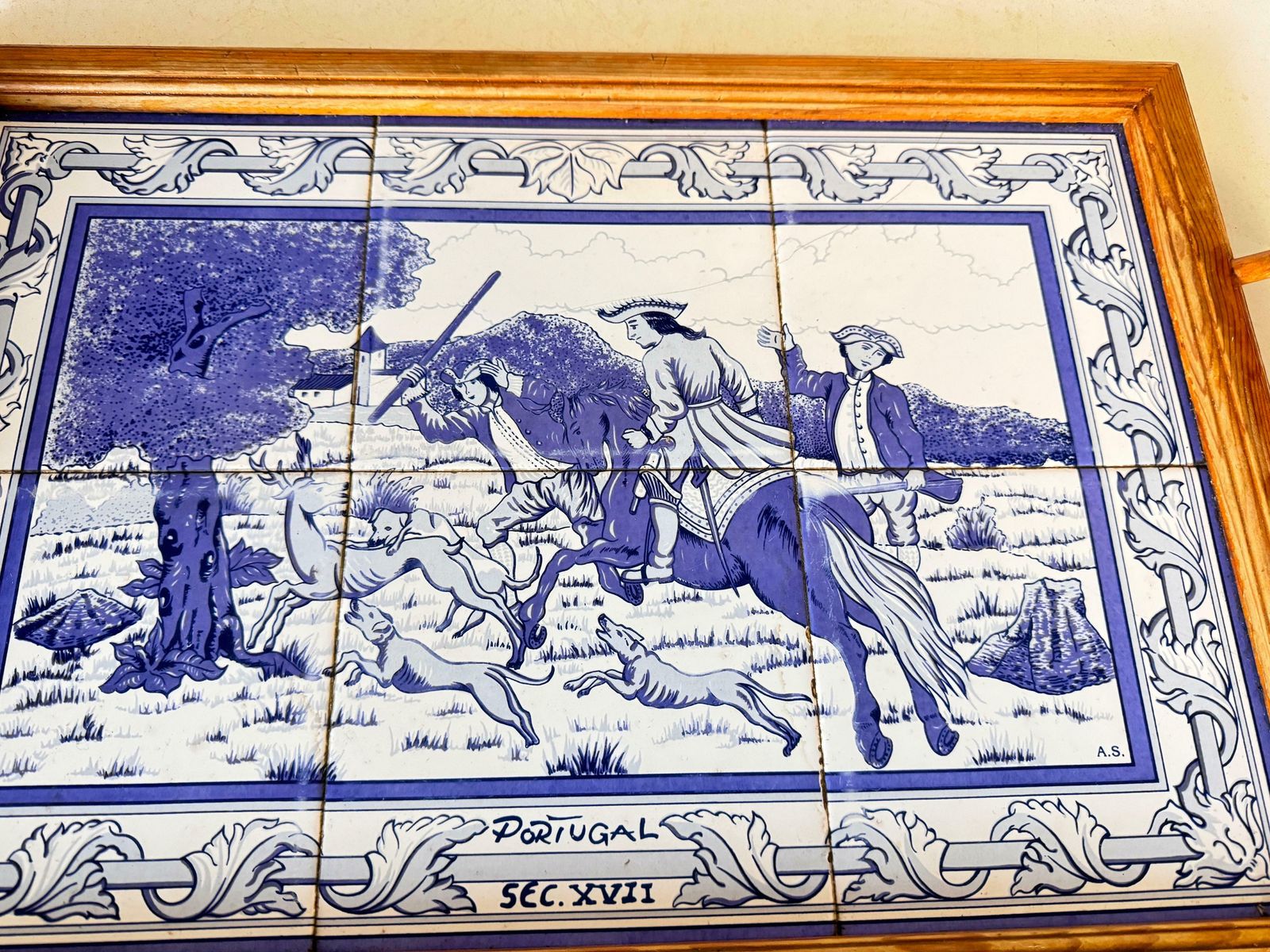 Platter Or Tray In Ceramic And Wood Portugal 1970s Blue And White Color Azuelos photo for sale