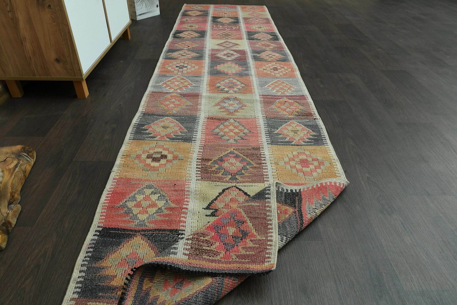 Ft Oushak Runner, Handmade Vintage Turkish Runner, Hallway Rug, Stair Decor, Kitchen Rug, Runner Rug, Orange Black Wool Rug