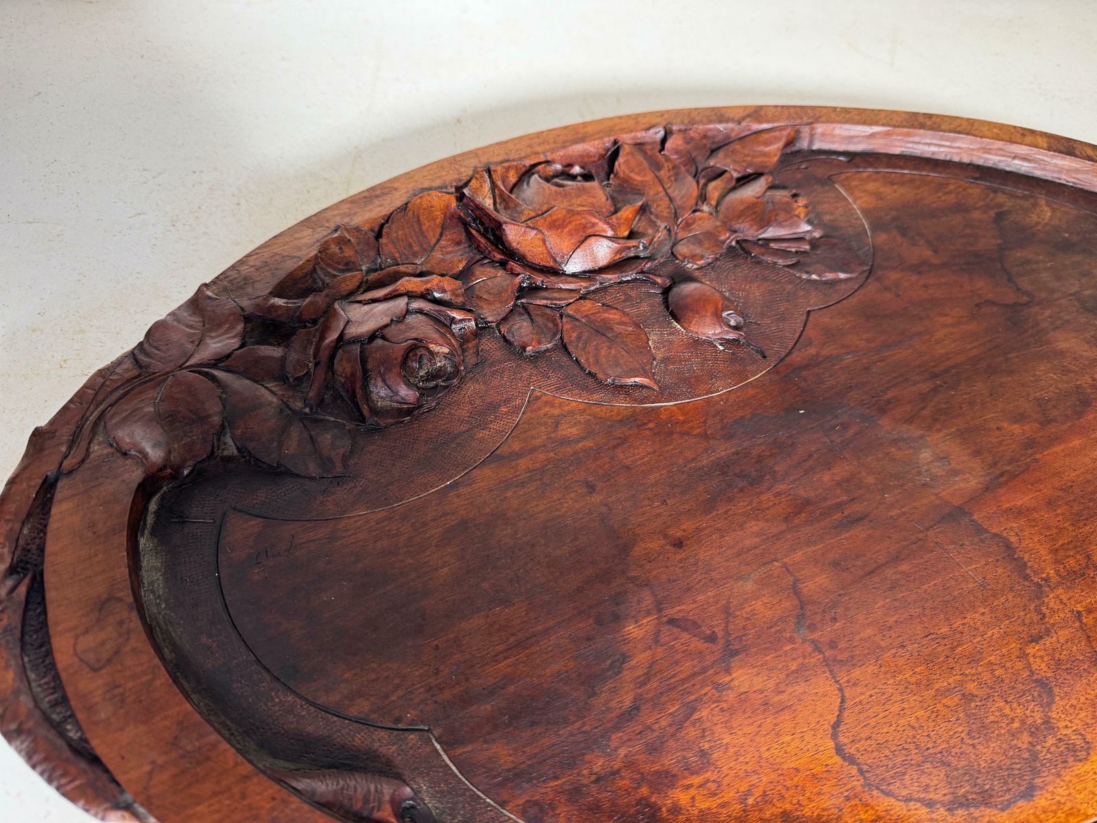 photo furniture Art Nouveau Platter In Wood, Brown Color, France Circa 1930, Hand Carved, Signed
