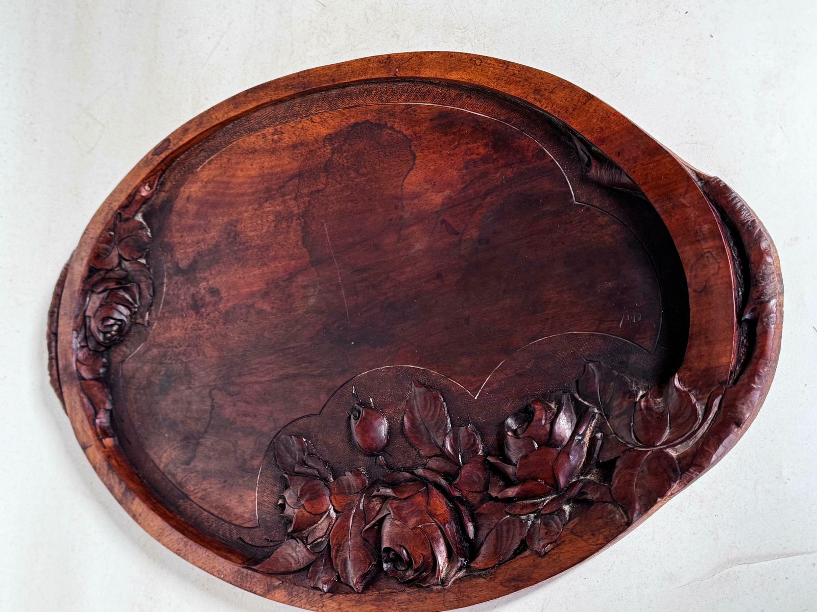 photo vintage Art Nouveau Platter In Wood, Brown Color, France Circa 1930, Hand Carved, Signed