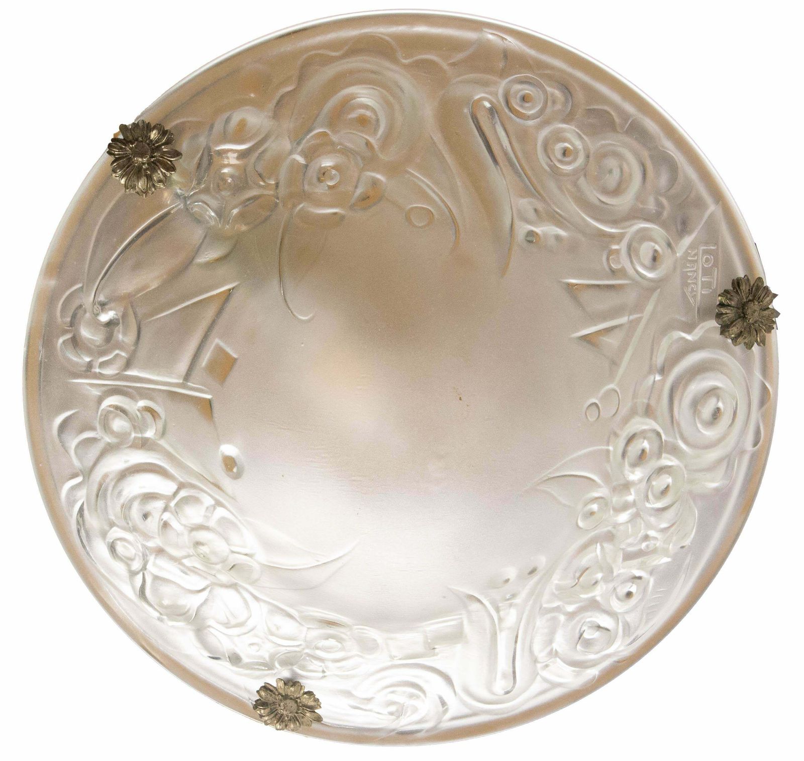 French Art Deco Chandelier Frozen Glass & Aluminium Ceiling Pendant, Circa 1930 photo Lighting