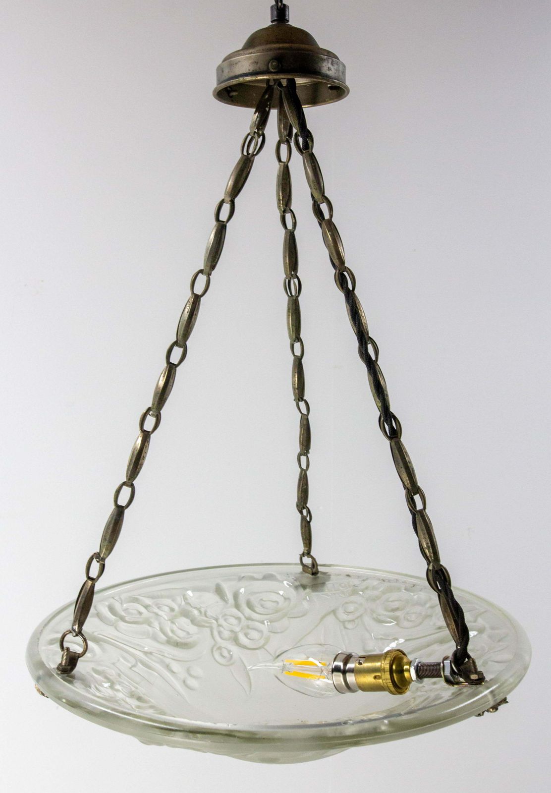 French Art Deco Chandelier Frozen Glass & Aluminium Ceiling Pendant, Circa 1930 photo 1046.0