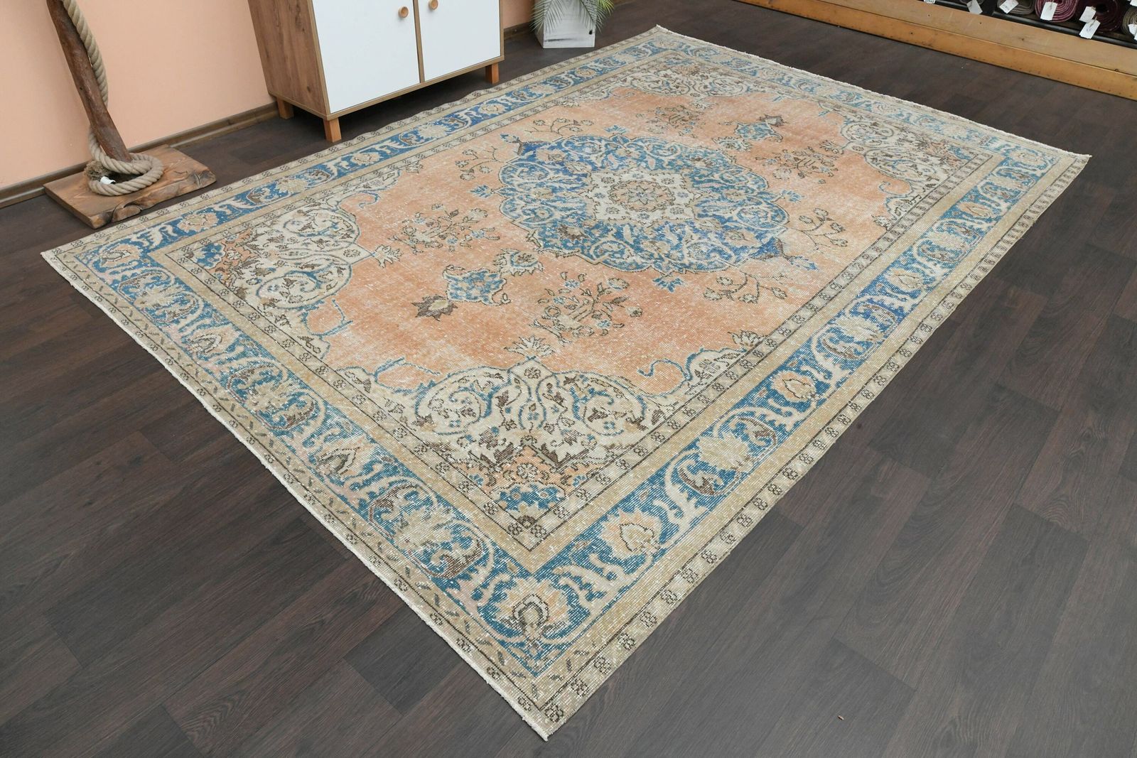 7x10 Orange Blue Rug, Handmade Vintage Turkish Rug, 7x10 Area Rug, Antique Large Rug, Wool Rug, Home Decor, Living Room Rug, 7.3x10.5 Ft photo for sale