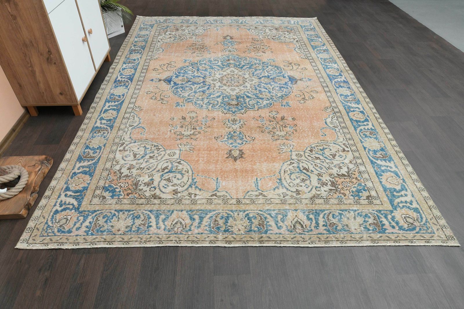 7x10 Orange Blue Rug, Handmade Vintage Turkish Rug, 7x10 Area Rug, Antique Large Rug, Wool Rug, Home Decor, Living Room Rug, 7.3x10.5 Ft photo buy
