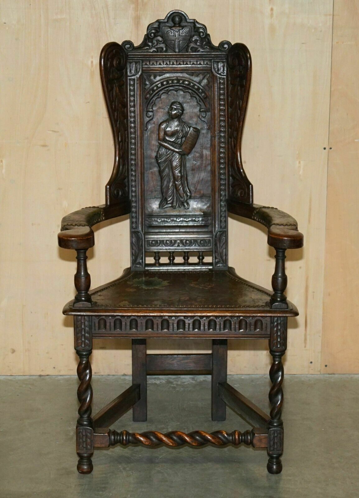 Four Antique 1640 Caquetoire Carved Walnut Polychrome Painted Armchairs photo for sale