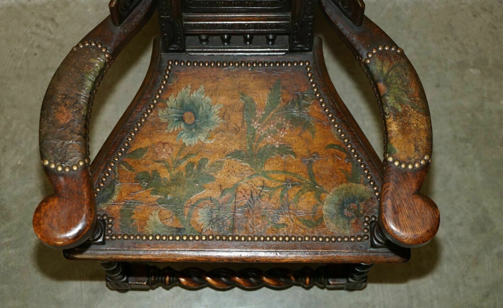 Four Antique 1640 Caquetoire Carved Walnut Polychrome Painted Armchairs photo buy