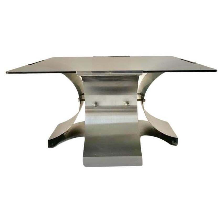 Smoked Glass And Aluminum Coffee Table, Francois Monnet 1970s photo vintage