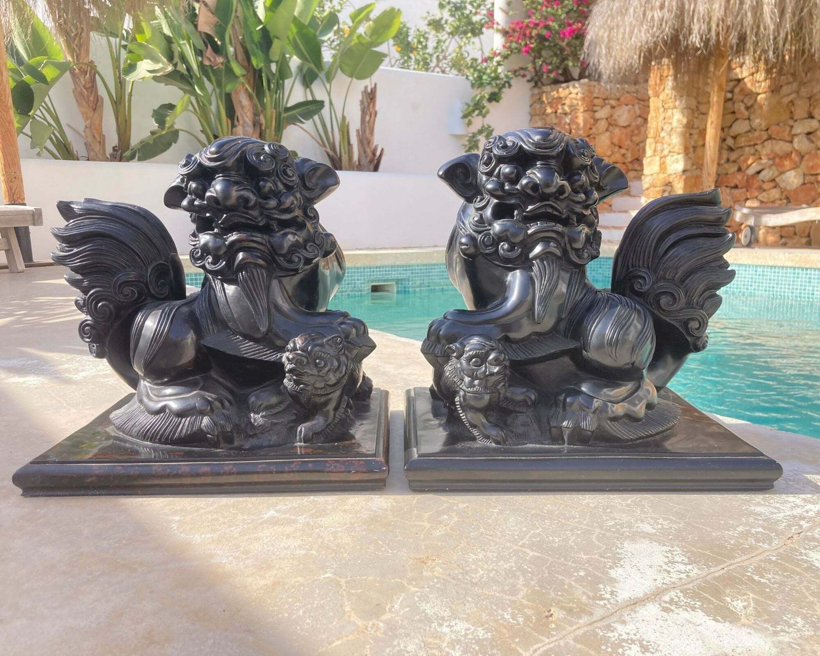 Japanese Foo Dogs | Pair (2) Of Lions With Child Statue | 13" Tall | Heavy Composite